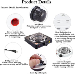 Electric Hot Plate with 1000W Heating Power, Variable Heat Setting, Indicator Light and Compact Countertop Design for Office, Dormitory, & Outdoor Use