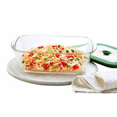 Borosil Rectangular Borosilicate Glass Storage and Baking Dish with Green Lid 2.6L Microwave Oven Freezer Safe Container