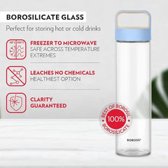 Borosil Neo 550ml Borosilicate Glass Water Bottle with Leakproof Airtight Lid, Fridge Safe Wide Mouth Clear Bottle