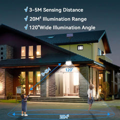Solar Motion Sensor LED Security Wall Light with RC Remote Control, 120° Wide Angle Outdoor Lamp, Motion Detection, 20㎡ Illumination Coverage & Waterproof Solar Panel Light