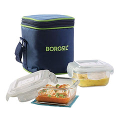 Borosil Klip N Store Lunchbox Set with Bag, 2 Square Borosilicate Glass Containers (320ml Each), Leak-Proof, Microwave & Dishwasher Safe