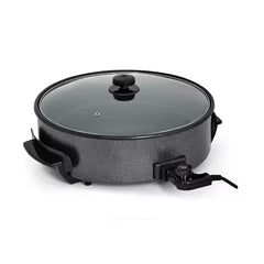 Large 42cm Electric Pizza Pan with 9cm Depth, Non-Stick Coating, Adjustable Thermostat & Glass Lid