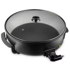 Large 42cm Electric Pizza Pan with 9cm Depth, Non-Stick Coating, Adjustable Thermostat & Glass Lid