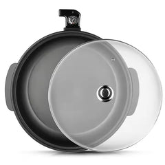 Large 42cm Electric Pizza Pan with 9cm Depth, Non-Stick Coating, Adjustable Thermostat & Glass Lid