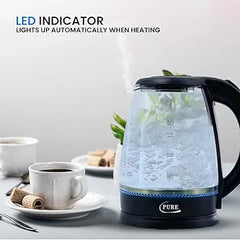 PURE 1500W 1.8L Electric Glass Kettle with Borosilicate Body, 360° Stainless Steel Swivel Bottom with Auto Shut-Off