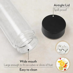 Borosil Neo Borosilicate Glass Water Bottle 550 ml with Black Stainless Steel Lid, Freezer & Dishwasher Safe