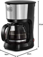 Black+Decker 750W 10 Cup Coffee Maker/Coffee Machine With Glass Carafe For Drip Coffee, Silver/Black - DCM750S-B5