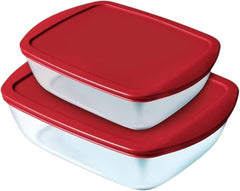 Pyrex Cook & Store Set of 2 Rectangular Glass Dishes with Red Lids – 1.2L & 2.5L BPA-Free Storage and Bakeware
