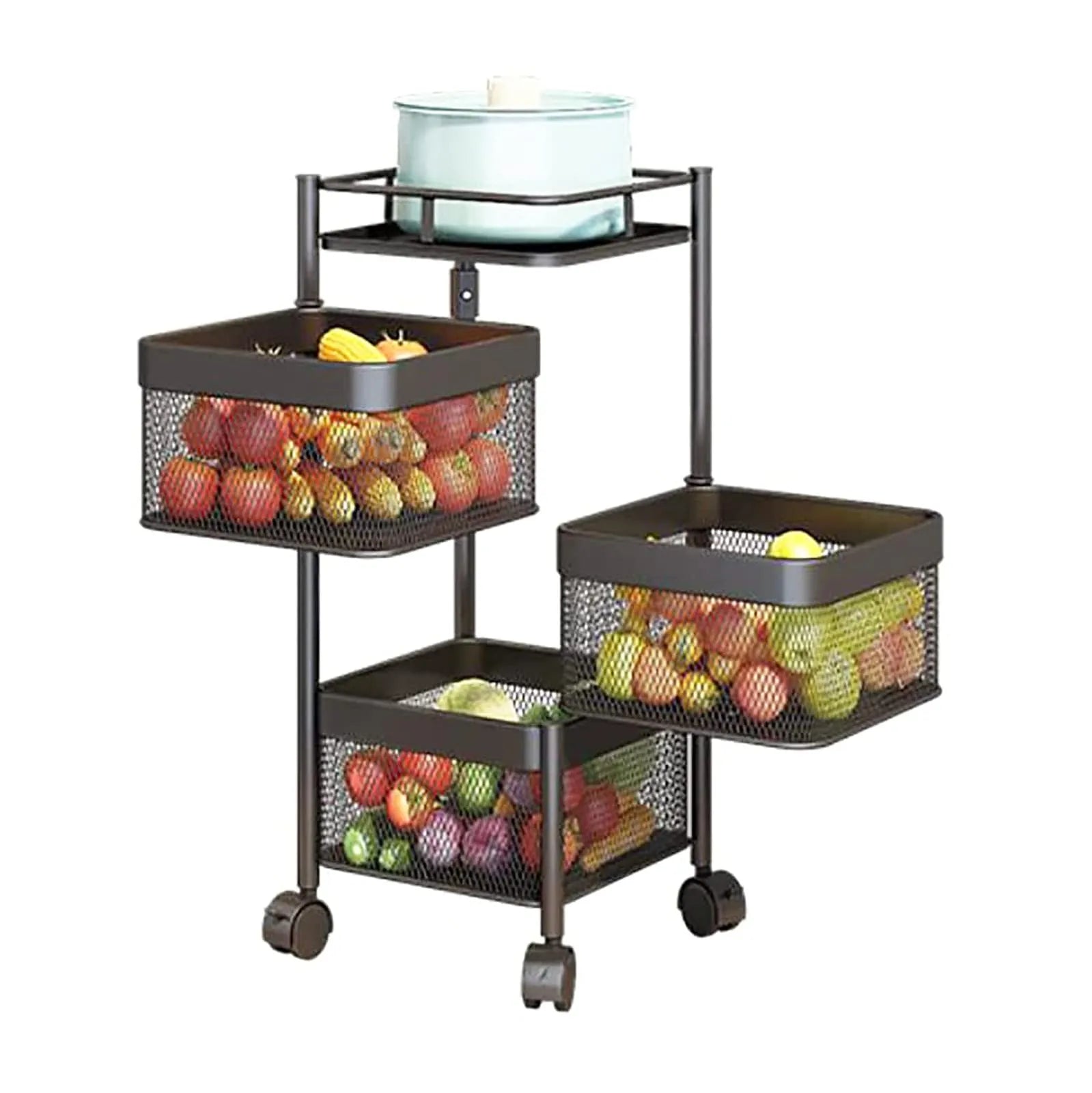Multi Layer Square Metal Kitchen Storage Rack with Rotating Shelves & Wheels
