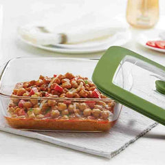 Borosil Square Borosilicate Glass Baking and Storage Dish with Green Airtight Lid, Microwave Oven Freezer Dishwasher Safe Food Container