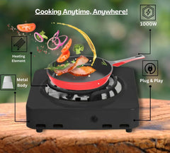 Electric Hot Plate with 1000W Heating Power, Variable Heat Setting, Indicator Light and Compact Countertop Design for Office, Dormitory, & Outdoor Use