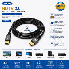 Go-Des 4K HDMI 2.0 Digital Cable 3M with 3840 × 2160 Ultra HD, 3D, Mirror and Extended Display Support