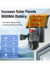 6MP 4G Dual Lens AI Solar Powered Outdoor Security Camera with 4G SIM Connectivity, 8000mAh Battery, PIR Human Motion Detection, Pan Tilt Rotation, Two-Way Audio, Three Screen Display, Full Color Night Vision & TF Card Supported