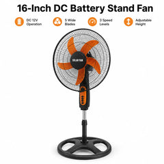 16-Inch DC 12V Stand Fan with Five Blades, Three Speeds, Oscillation, Telescopic Adjustable Height & Battery Clip Cable