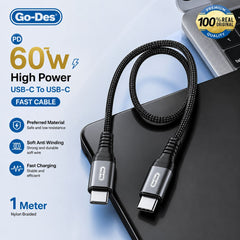 Go-Des 53-GD-UC619-4 1M USB-C to USB-C 60W PD Fast-Charging Nylon-Braided Cable with Data Synchronization, Reinforced Terminals and Tinned-Copper Core