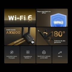 Mercusys MA72XH WiFi Adapter for PC, Wi-Fi 6 AX1800 Dual Band, 2 High Performance Antennas, USB 3.0, WPA3, MU-MIMO, Compatible with Windows 11/10