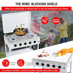 BOKO 5 Burner Portable Indoor & Outdoor Gas Stove with Iron Body, Wind Cover, and Independent 2.5KW Burner Control for Camping and Backyard Cooking