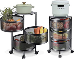 Multi Layer Round Metal Kitchen Storage Rack with Rotating Shelves & Wheels
