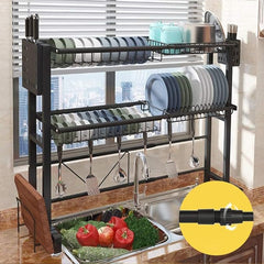 Adjustable Over-the-Sink Expandable Dish Drying Rack with Hooks & Cutlery Holder (62cm to 103cm)