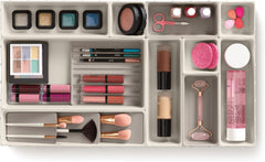 12-Piece Large Modular Makeup Drawer Organiser Set with Customizable Interlocking Compartments, Tiered Brush Holder, Pencil Tray & Non-Slip Feet, 62 × 35.2 × 5 CM