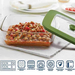 Borosil Square Borosilicate Glass Baking and Storage Dish with Green Airtight Lid, Microwave Oven Freezer Dishwasher Safe Food Container