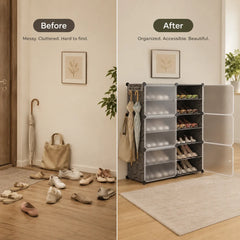 6-Layer Portable Plastic Shoe Storage Cabinet Waterproof Foldable Dustproof Shoe Rack Organizer with Hooks for Home Living Room - 85 x 31 x 96 CM