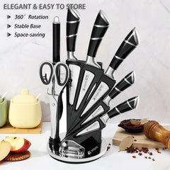 8-Piece Stainless Steel Kitchen Knife Set with 5 Knives, Scissors, Sharpening Rod & 360° Rotating Storage Stand