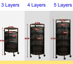 Multi Layer Round Metal Kitchen Storage Rack with Rotating Shelves & Wheels