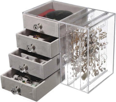 Luxury Acrylic Jewelry Organizer Box with 4 Velvet Drawers & 2 Side Hanging Sections, Dustproof Multi-Compartment Necklace, Ring, Bracelet & Watch Storage Case, Clear Display Jewelry Holder (21×13×18 CM)