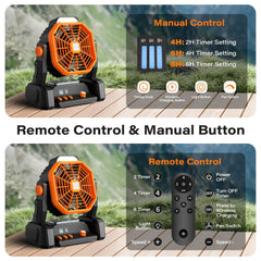 CCGIRU 20000mAh Rechargeable Portable Camping Fan with RC, Adjustable Speed, 3-Level LED Light, 2H/4H/6H Timer, Adjustable Rotation, Hanging Hook, Wireless Charging, USB Output & Type-C Input