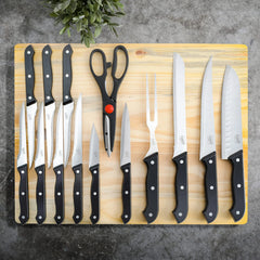 15-Piece Stainless Steel Kitchen Knife Set with 6 Steak Knives, Santoku, Carving, Bread, Utility & Paring Knives, Kitchen Scissors, Carving Fork & Wooden Cutting Board