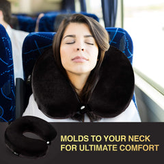 Premium Ergonomic Memory Foam Travel Neck Pillow with Therapeutic Neck Support, Soft Washable Hypoallergenic Fleece Cover & Snap Button Closure for Plane, Car, Bus, Train, Office & Home - 23 x 30 cm