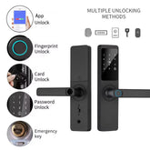 Smart Fingerprint Door Lock with Touch Keypad, RFID Card Access, Tuya App Control, Temporary Password Unlock, USB Emergency Power & Mechanical Key Backup for Indoor Wooden Doors - Open Box / New Product