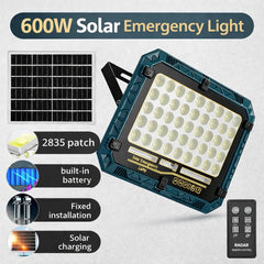 600W RC Solar Emergency Wall Light with 2835 LED Matrix, Red & Blue Warning Light, Built-in 10800mAh Battery & 35CM External Solar Panel