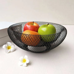 Modern Double Mesh Metal Fruit Basket 24 x 10CM | Black Iron Wire Storage Basket for Kitchen, Dining Table & Home Organization