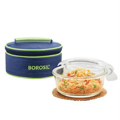 Borosil Glass 620ml Tiffin Lunch Box with Blue Carry Bag – Airtight & Leak-Proof Single Container, Durable 360g Glass, Compact Food Storage for Office, School & Travel