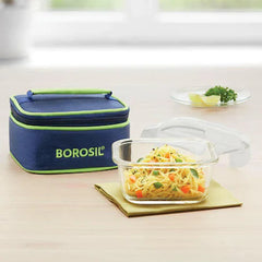 Borosil Klip-N-Store 520ml Borosilicate Glass Lunch Box with Leak-Proof Square Container and Washable Carry Bag – Microwave and Stain Proof Office & College Tiffin