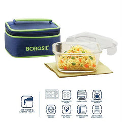 Borosil Klip-N-Store 520ml Borosilicate Glass Lunch Box with Leak-Proof Square Container and Washable Carry Bag – Microwave and Stain Proof Office & College Tiffin
