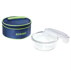 Borosil Glass 620ml Tiffin Lunch Box with Blue Carry Bag – Airtight & Leak-Proof Single Container, Durable 360g Glass, Compact Food Storage for Office, School & Travel