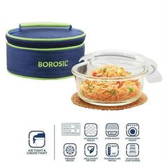 Borosil Glass 620ml Tiffin Lunch Box with Blue Carry Bag – Airtight & Leak-Proof Single Container, Durable 360g Glass, Compact Food Storage for Office, School & Travel