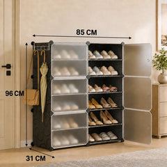 6-Layer Portable Plastic Shoe Storage Cabinet Waterproof Foldable Dustproof Shoe Rack Organizer with Hooks for Home Living Room - 85 x 31 x 96 CM