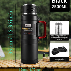 304 Stainless Steel Vacuum Insulated Travel Thermos Flask with Tea Infuser Filter, Portable Shoulder Strap, Multi-Layer Copper Insulation, Large Capacity Hot & Cold Beverage Bottle 1300ML / 1700ML / 2000ML / 2500ML