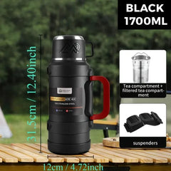 304 Stainless Steel Vacuum Insulated Travel Thermos Flask with Tea Infuser Filter, Portable Shoulder Strap, Multi-Layer Copper Insulation, Large Capacity Hot & Cold Beverage Bottle 1300ML / 1700ML / 2000ML / 2500ML