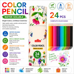 24 PCS Water-Soluble Color Pencil Set with Free Brush & Unique Floral Tube Box for Kids, Students & Professional Artists
