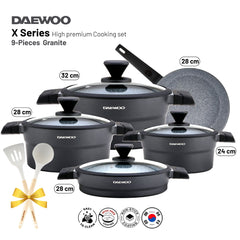Daewoo X Series Non-Stick Granite Coating Cookware Set Of 9 (32,28,24 cm Pot, 28 cm Pan, 28 cm Casserole) with Free 2 Pcs of Utensil Tools