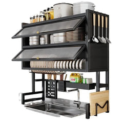 Double-Layer Over-Sink Dish Drying Rack with Multi-Purpose Storage for Dishes, Fruits, Mugs, Knives, Chopping Board & Detergent Bottles