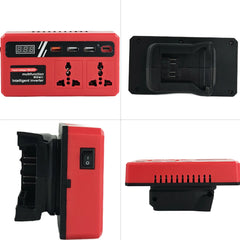 محول طاقة بقدرة 150 واط مزود بـ 4 منافذ USB ومقبسين كهربائيين، متوافق مع بطاريات الليثيوم أيون 18 فولت و21 فولت - مع حماية من الحرارة الزائدة والحمل الزائد