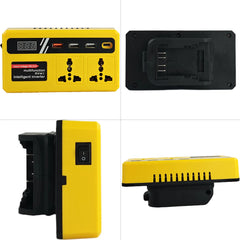 محول طاقة بقدرة 150 واط مزود بـ 4 منافذ USB ومقبسين كهربائيين، متوافق مع بطاريات الليثيوم أيون 18 فولت و21 فولت - مع حماية من الحرارة الزائدة والحمل الزائد