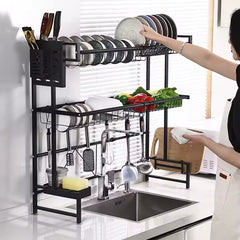 Adjustable Over-the-Sink Expandable Dish Drying Rack with Hooks & Cutlery Holder (62cm to 103cm)