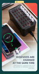 30-Port USB Charging Station with Fast Charging, Smart Ports, and Fireproof Material - 200W